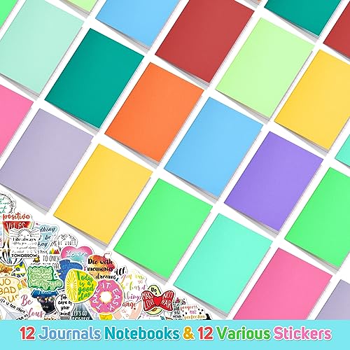 Small Notebook, 12 Pack Journals with 12 Motivational Stickers, 60 Page Lined Journals for Writing, Pocket Notebooks for Kids Party Favors, Student Gifts, Stocking Stuffers, Mini Journals Bulk