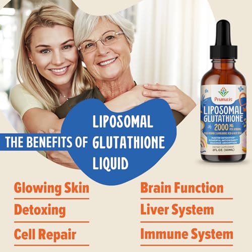 Prunucis 2000MG Liposomal Glutathione Liquid, 98% Absorption, Glutathione Liquid Supplement, Active Form L- Glutathione, Powerful Antioxidant Non-GMO for Immune System, Aging Defense, Detox, 2 FL.OZ