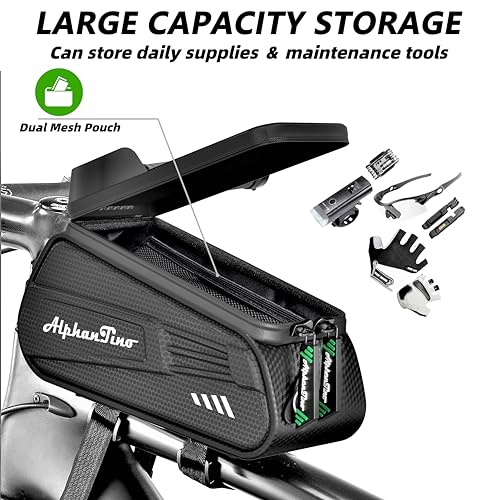 Alphantino Bike Phone Holder Bag - Waterproof Hard Case Large Capacity Top Tube Front Frame Bicycle Pouch Cycling Mount, Bike Accessories, TPU Touch-Screen & Sun-Visor (Green ZIpper)