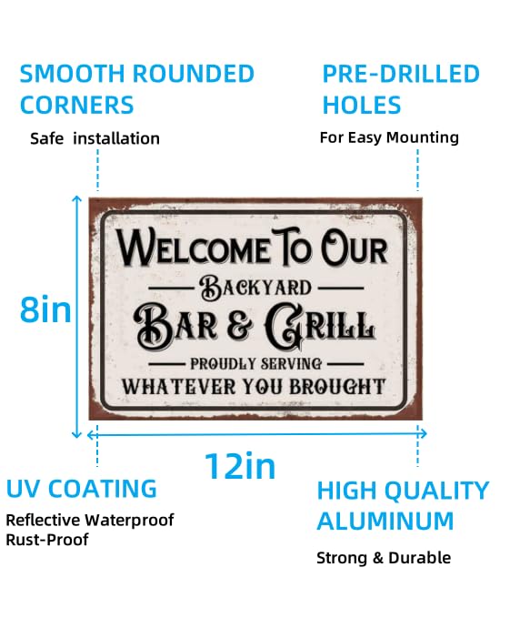 Carastora Vintage Metal Tin Sign, Funny Sarcastic Party Wall Art Decor, "Welcome to Our Backyard Bar" Plaque, 8x12 Inch Wall Decor for Home Bars, Pubs, Outdoors, Man Dens and Pool Areas