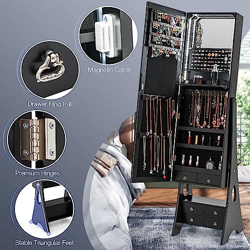 CHARMAID Jewelry Cabinet with LED Light Strip, 62.5'' Floor Jewelry Armoire with High Full Length Mirror, Vanity Mirror, Foldable Makeup Shelf, Jewelry Organizer Storage with 6 Drawers (Black)