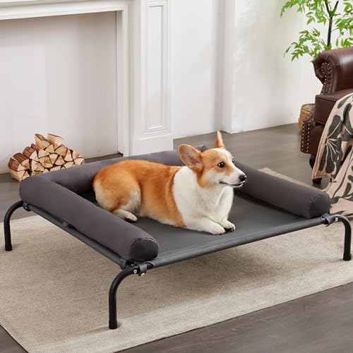 TJSOULER Cooling Elevated Dog Bed with Pillows,Portable Washable Raised Dog Cot Bed with Chew Proof Mesh and Metal Frame,No-Slip Rubber Feet for Indoor & Outdoor Use,Medium,Deep Grey