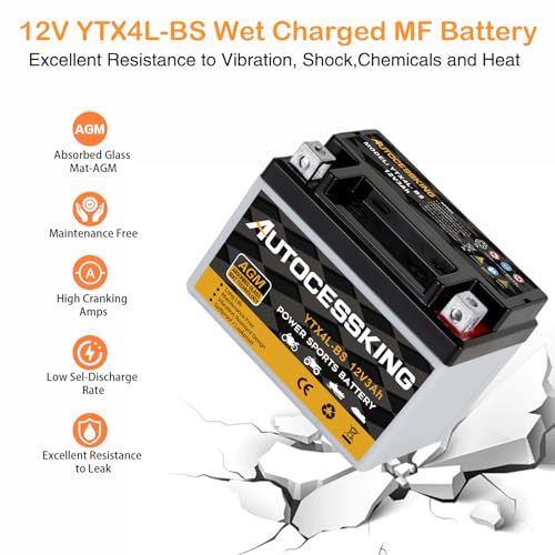 Autocessking YTX4L-BS Motorcycle Battery, 12V 3Ah Rechargeable Maintenance Free Sealed AGM Battery Powersport Replacement Battery for ATV and Scooter