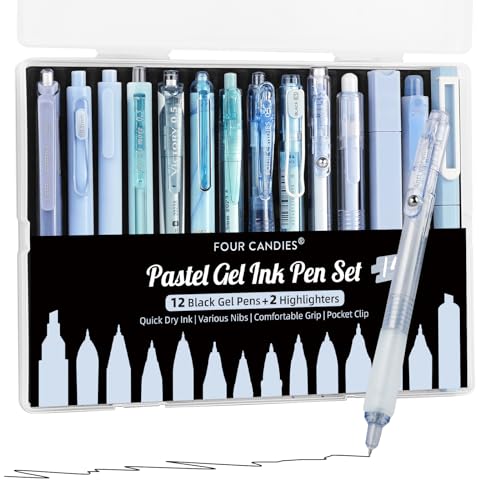 Four Candies 14Pack Pastel Gel Ink Pen Set,Cute Retractable 0.5mm Fine Point Pen,Note Taking Aesthetic Pens,12 Pack Black Ink Pens with 2Pack Highlighter, Smooth Writing Pens for School, Office (Blue)