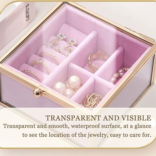 Veki Travel Jewelry Organizer Box, Clear Glass Jewelry Case with Gold Frame for Women Girls, Transparent Display Boxes with Removable Compartment for Earring, Ring, Necklaces, Bracelets (Square)