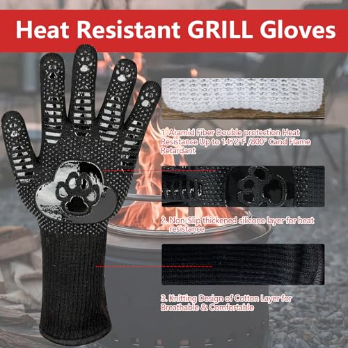 UBeesize Lengthen BBQ Gloves (Bear Paw), 1472°F Heat Resistant Grill Gloves, 14 inch Fireproof Oven Gloves for Cooking, Non-Slip Fire Gloves for Grilling, Barbecue, Smoker, Baking, Frying