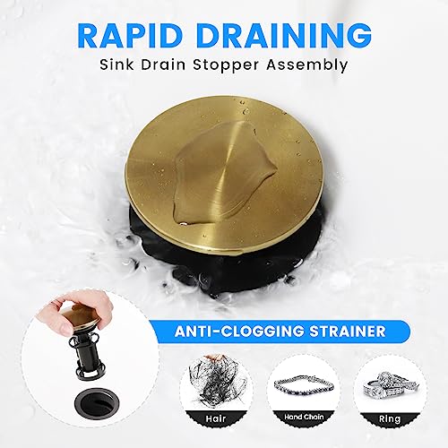 Bathroom Sink Drain with Overflow, Hurran Universal Bathroom Sink Stopper for Bathroom Vanity Vessel Sink, Rapid Draining Plastic Pop-up Sink Drain with Hair Catcher Anti-Clog Strainer, Brushed Gold