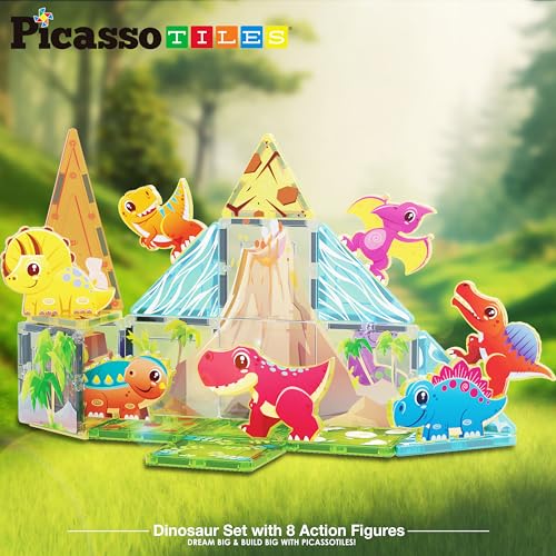 PicassoTiles Magnet Tile Building Blocks Dinosaur World Themed Playset with 8 Animal Character Action Figures Magnetic Tiles STEM Learning Pretend Play Toy Construction Set Boys Girls Ages 3+ PTQ23