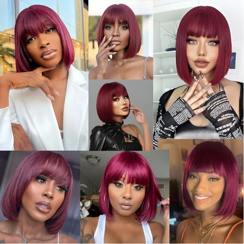 Atikual Bob Wig with Bangs Human Hair Wigs Glueless Wigs Straight Layered Bob Wigs with Bangs 3x1 Transparent Lace Bob Wigs for Women 8Inch 99J