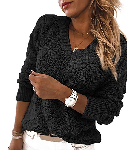 Women's V Neck Long Sleeve Pullover Sweater Lightweight Knit Sweaters Novelty Sweaters Black