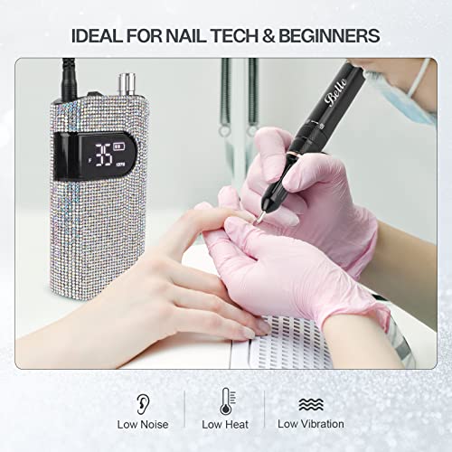 Belle Professional Nail Drill Machine, Sparkly Electric Nail Drill for Acrylic Nails, Cordless Portable Nail Drill Kit with Drill Bits & Sanding Bands, Manicure Pedicure Tools for Home and Salon