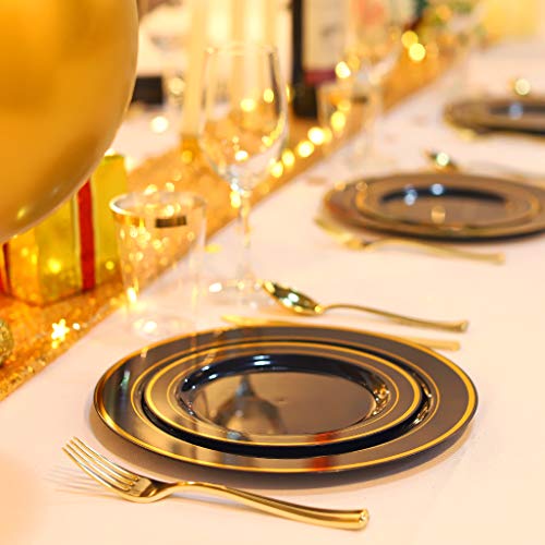 bUCLA 100 Pieces Black and Gold Plastic Plates Disposable - 7.5inch Disposable Salad/Dessert Plates with Gold Rim - Ideal for Halloween,Wedding,Party