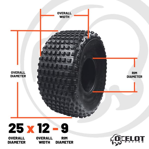 Ocelot 25x12x9 ATV/UTV Tire with Non-Directional Tread, Self-Cleaning Lug Design, Great Flotation - 25-Inch