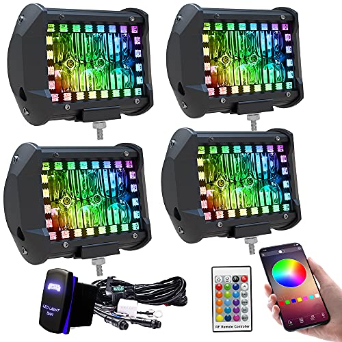 FEELON 4PCS 4" inch LED Pods Flood Work Light Bar with Multi-Color Chasing RGB Halo 16 Solid Colors Over 92 Flashing Modes Offroad Pods Lights LED Driving Lamp Fog Lights with Switch Wiring Harness