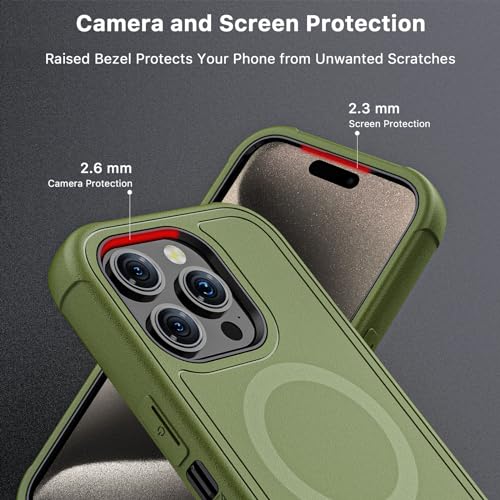 M MYBAT PRO Maverick Series iPhone 15 Pro Max Case with Belt Clip Holster,[Compatible with Magsafe]w/Screen Protector ,Anti-Drop,Shockproof,with 360°Rotating Kickstand,Heavy Duty Protection Army Green