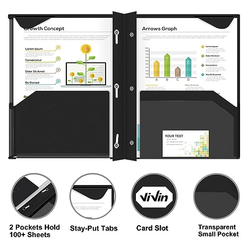 ViVin Heavy Duty Pocket Folder with Prongs, 6 Pack, 2 Pockets Plastic Folder, with Clear Front Pocket and Stay-Put Tabs, Hold US Letter Size Page, for Office and School - Black