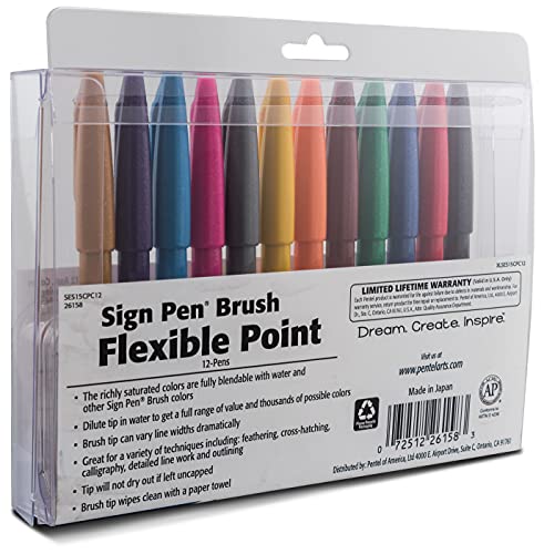 Pentel Arts Sign Pen Touch, Fude Brush Tip, Fashion Colors, Pack of 6 (SES15CBP6M1)