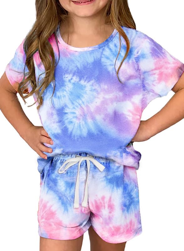 Dokotoo Girls Summer Cute T-Shirt Shorts Outfits Set Short Sleeve Tops Tee Clothes Round Neck Tie Dye Stretchy Drawstring Waist Shorts with Side Pockets Size 10-11 Sky Blue