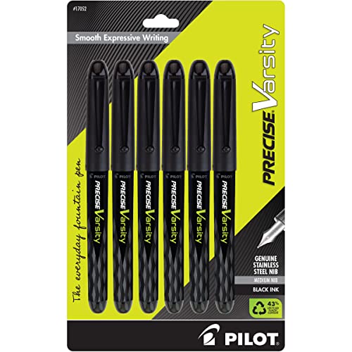 PILOT, Precise Varsity Pre-Filled Fountain Pens, Medium Point 1 mm Stainless Steel Nib, Black, 6-Pack