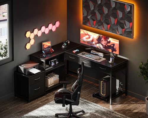 AODK L Shaped Computer Desk with Fabric Drawers and File Cabinet, 53" Reversible Home Office Workstation Desk with Power Outlets & Host Stand, Corner Gaming Table with Storage Shelves, Black