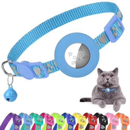 Aiyuda Reflective Breakaway Airtag Cat Collar, Slide-On Air Tag GPS Tracker Holder Compatible for Apple Airtag, Removable Jingle Bell, 3/8” Wide Cat Collars for Girl and Boys, Aqua Blue, Heart