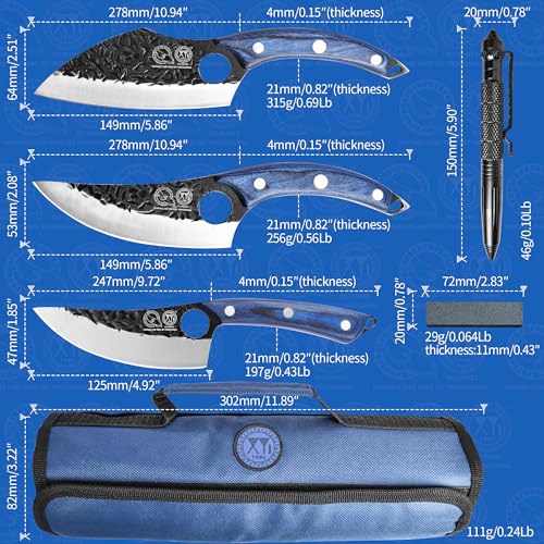 XYJ Professional Kitchen Knife Set with High-Carbon Steel Forged Blades, Chef's Knife, Cleaver, Carving Knife, Nakiri, Full Tang Design, Includes Carrying Bag & Poultry Scissors (5)