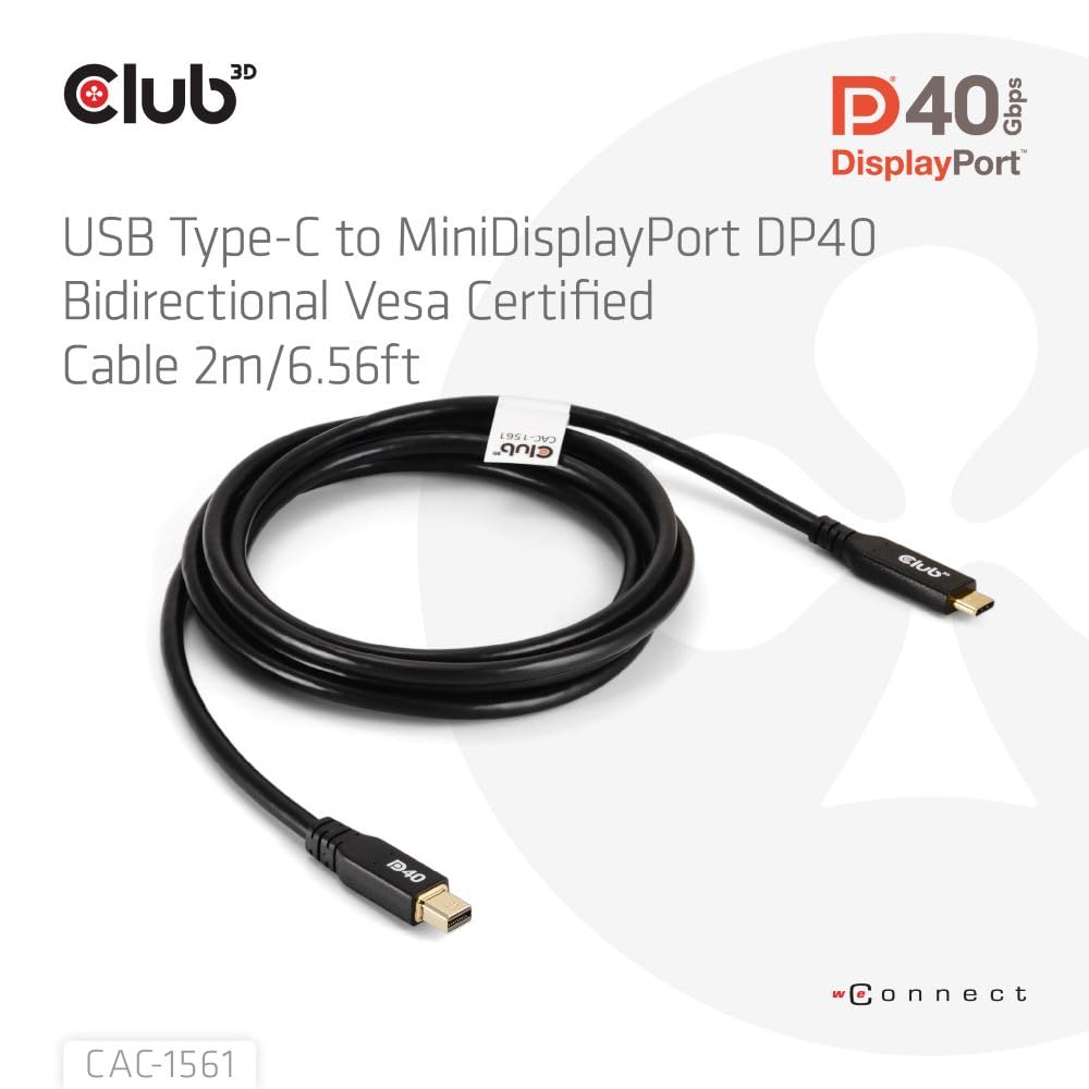 Club 3D CAC-1561 USB Type C Cable to Mini DP 2.1 Bi-Directional VESA DP40 Certified Cable M/M 2m/6.56ft