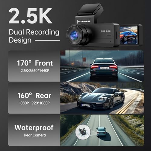 Dash Cam Front and Rear: 2.5K+1080P Dual Dash Camera for Cars, Ecomoment S70 Car Camer with 3.16" IPS Screen, 170° Wide Angle, Night Vision, G-Sensor, 24H Parking Monitor, 32GB SD Card Included