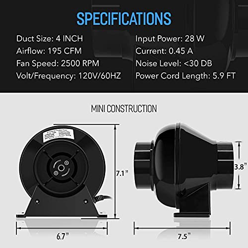 iPower 4 Inch 195 CFM Inline Ventilation Fan Vent Blower, 8 Feet Non-Insulated Flex Air Aluminum Foil Ducting with 2 Clamps for Grow Tent Circulation, Low Noise