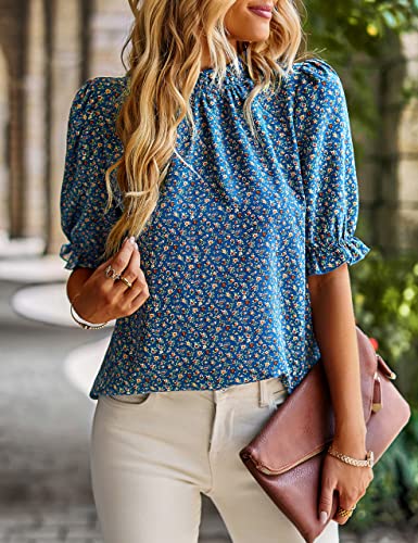 Women's Summer Shirt Top Ruffle Short Sleeve Frill Trim Mock Neck Solid 2024 Casual Blouses Shirts Tops Purple Red M