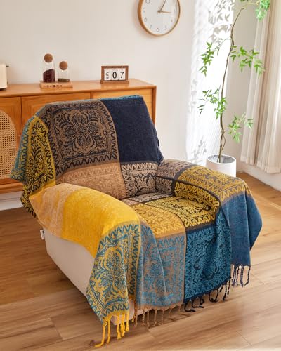 AIVIA Bohemian Throws Blankets, Chenille Woven Recliner Chair Throw Cover Futon Furniture Cover Sofa Slipcover Boho Bed Blanket - 60" x 75" Navy Teal Yellow