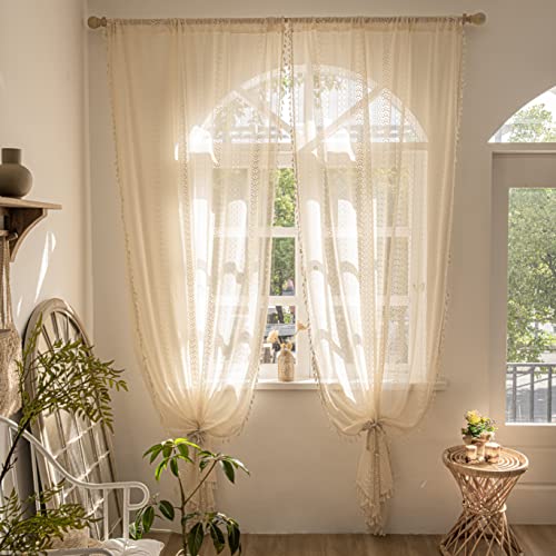 Sutuo Home White Boho Curtains 2 Panels 96 Inches Length for Bedroom Living Room Patio, Window Treatments Bohemian Sheer Knitted Crochet Lace Vintage Drapes Pair Tassels, Rod Pocket, 52" x 96"