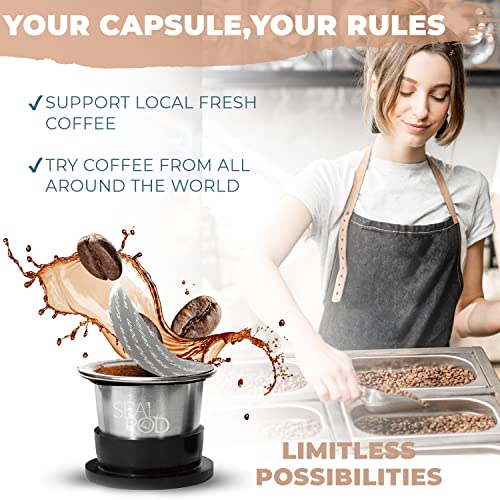 SEAL POD Refillable Coffee Capsules – Stainless Steel Refillable Pods Compatible with Nespresso Original Machines- Eco-Friendly Reuse Espresso filters – Pack of 1 Coffee Pod, 100 Lids