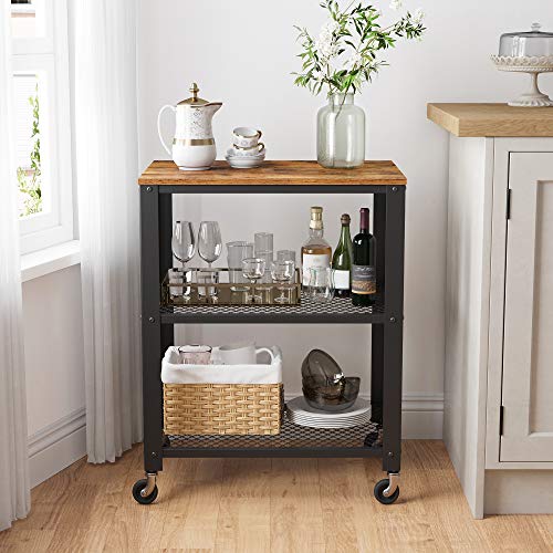 VASAGLE BRYCE Serving Cart, 3-Tier Kitchen Utility Cart on Wheels with Storage, for Living Room, Accent Furniture with Steel Frame, Industrial, Rustic Brown and Black ULRC78X