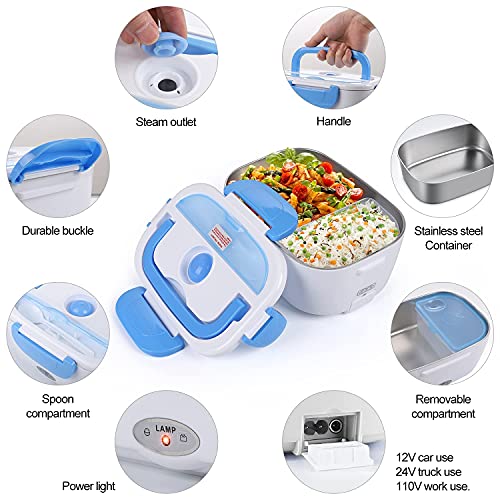 AsFrost Electric Lunch Box Food Heater, LeakProof 12V 24V 110V Portable Food Warmer Heated Lunch Box for Adults Car Truck Work Home, 0.45L Compartments, 1.5L Removable 304 Stainless Steel Container