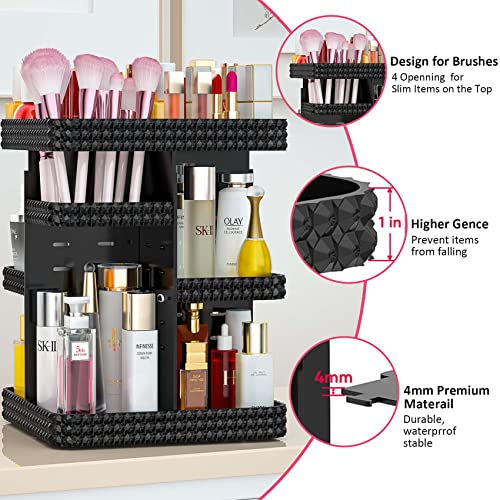 BOCONY Vanity Organizer,360 Rotating Acrylic Skin Care Organizer, Large Capacity, Organization and Storage for Countertop with Makeup Brush Holder - Black