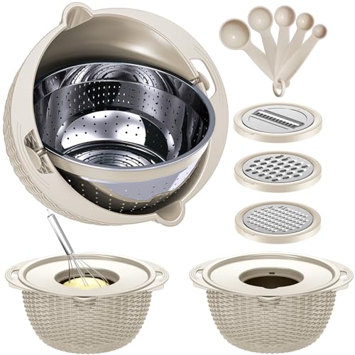 4-1 Colander with Bowl Set - Colander Bowl with Measuring Spoons - Fruit Strainer Bowl, Colanders & Food Strainers Stainless Steel, Rotatable Kitchen Colander Strainer Bowl - Beige