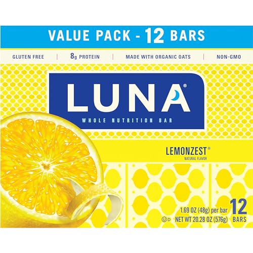 LUNA Bar - LemonZest Flavor - Gluten-Free - Non-GMO - 7-9g Protein - Made with Organic Oats - Low Glycemic - Whole Nutrition Snack Bars - 1.69 oz. (12 Pack)