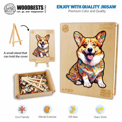 WOODBESTS 160 Piece Wooden Puzzle for Adults (M, 11.4"x8.3") Clever Corgi Puzzle Beautiful Wooden Box, Wooden Jigsaw Puzzles Unique Shape, Birthday Gifts for Adults and Kids Family Game