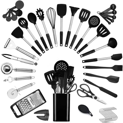 Kitchen Utensil Set-Silicone Cooking Utensils-46 Kitchen Gadgets & Spoons for Nonstick Cookware-Silicone and Stainless Steel Spatula Set-Best Kitchen Tools, Useful Pots and Pans Accessories