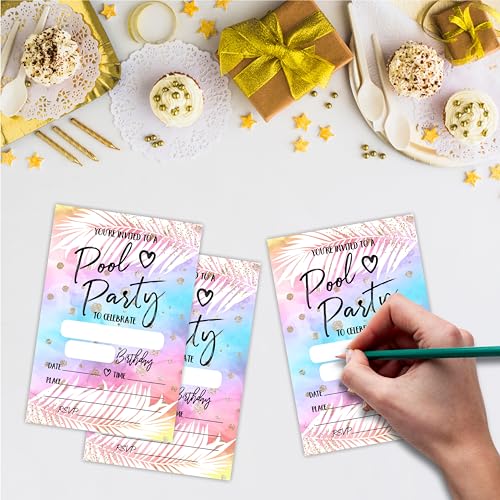 Pool Party Invitations For Birthday Party - Tie Dye & Palm - 20 Double-Sided Fill In Birthday Invite Cards With Envelopes For Kids Or Teens, Boys & Girls, Party Favor & Decorations - C03