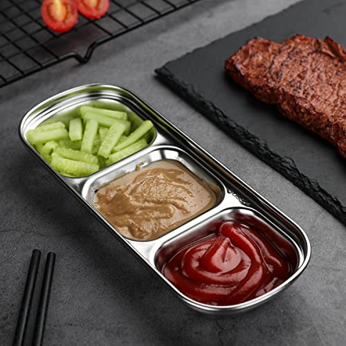 CHWAIKA 3pcs Stainless Steel Soy Sauce Dish Dipping Bowls 3 Grids Divided Sauce Dishes Side Dishes for Soy Sauce, Ketchup, Seasoning, Sushi (3 Grid)