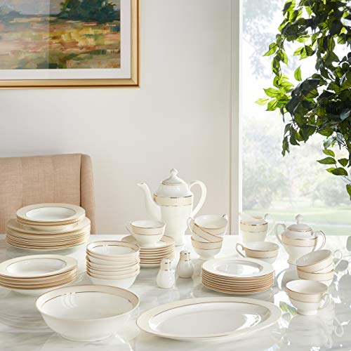 Lorren Home Trends La Luna Bone China 57-Piece Beige Border with 24K Gold Trim Dinnerware Set, Service for 8