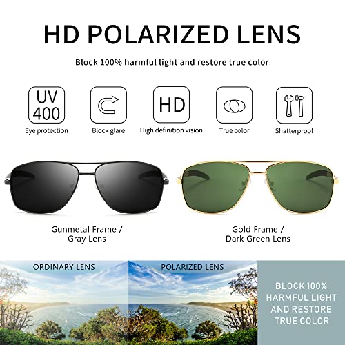 SUNGAIT Men's Polarized Sunglasses Durable Metal Frame for Fishing Driving Golf (Gold/Dark Green + Gunmetal/Gray) SGT925JKML-QKH