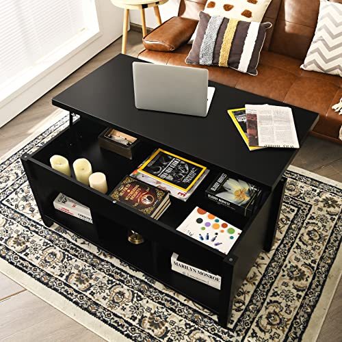 Tangkula Wood Lift Top Modern Coffee Table w/Hidden Compartment and Open Storage Shelf for Living Room Office Reception Room (Black)