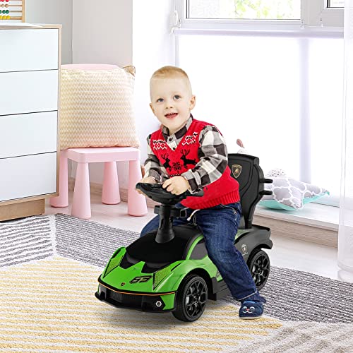 Costzon Push Cars for Toddlers, 3 in 1 Licensed Lamborghini Stroller Sliding Walking Car w/Handle, Armrest Guardrail, Underneath Storage, Horn, Foot-to-Floor Ride On Toy for Boys Girls (Green)