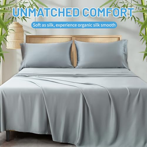 MEISHANG Bamboo Viscose Sheets Queen Size - 100% Organic Viscose,400TC Cooling Luxury Sheet Set with 16" Deep Pockets - 4 Pieces(Dark Grey)