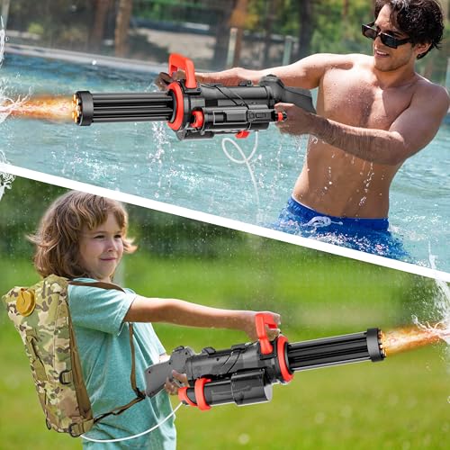 Funwee Gatling Electric Water Gun for Adults Kids Ages 8-12, Most Powerful Automatic Squirt Gun, High Powered 28-32 FT Long Range Auto Water Blaster, LED Light Outdoor Pool Swimming Toy Game(Black)