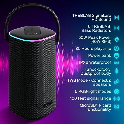 TREBLAB HD-Force - Portable Bluetooth Speaker with Handle, Immersive 50W Stereo Sound, Punchy Bass, 25H Playtime, Power Bank, Wireless TWS, 5 RGB, Waterproof, Shockproof for Outdoors, Camping, Beach