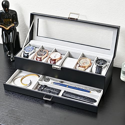 ProCase Watch Box for Men, 3 Slot Watch Display Case with Drawer, Mens Watch Case With Glass Lid, 2-Layer Jewelry and Watch Storage Watch Holder Organizer for Men Women -3 Slot, Black